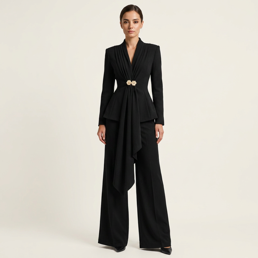 Pleated Draped Blazer and Wide Leg Pants Set for Meetings Ready Women-Vyana Collective