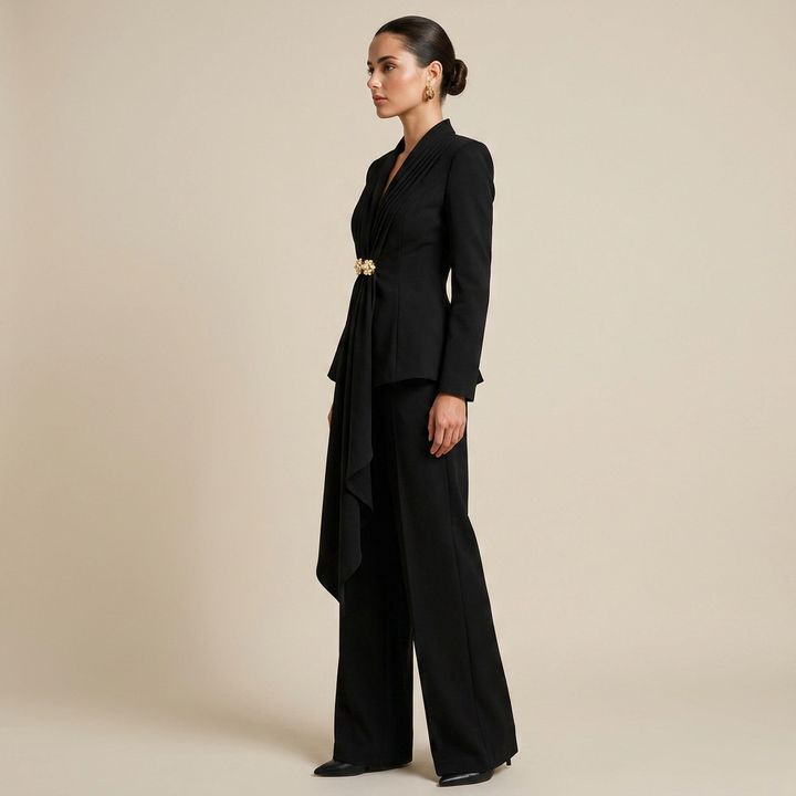 Pleated Draped Blazer and Wide Leg Pants Set for Meetings Ready Women-Vyana Collective