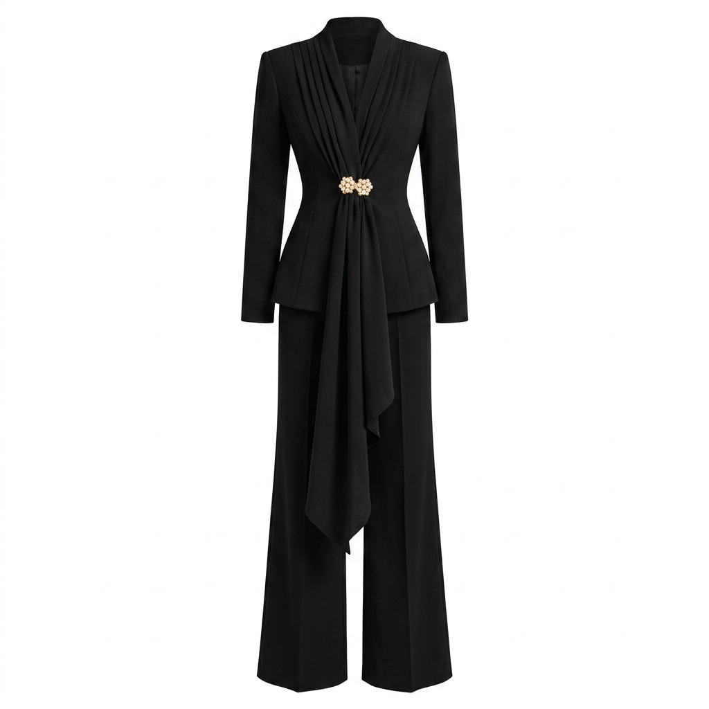 Pleated Draped Blazer and Wide Leg Pants Set for Meetings Ready Women-Vyana Collective