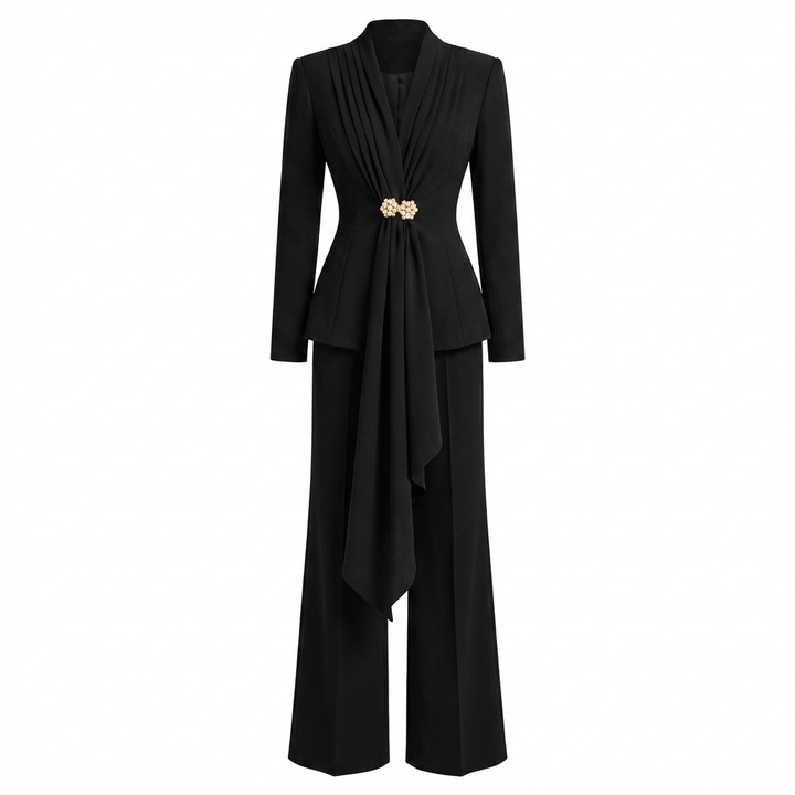 Pleated Draped Blazer and Wide Leg Pants Set for Meetings Ready Women-Vyana Collective