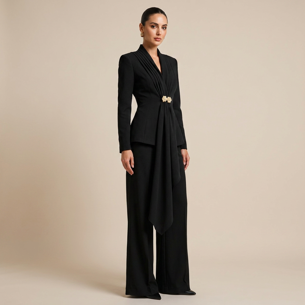 Pleated Draped Blazer and Wide Leg Pants Set for Meetings Ready Women-Vyana Collective