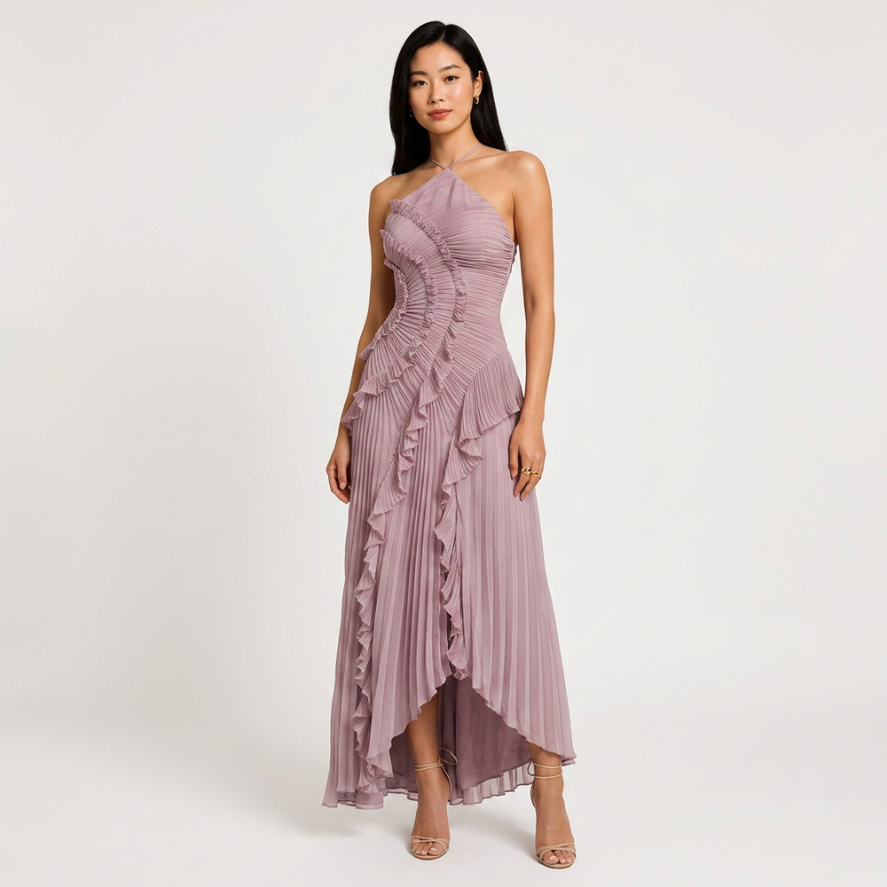 Pleated Ruffle Chiffon Maxi Dress for Weddings and Elegant Celebrations Women-Vyana Collective