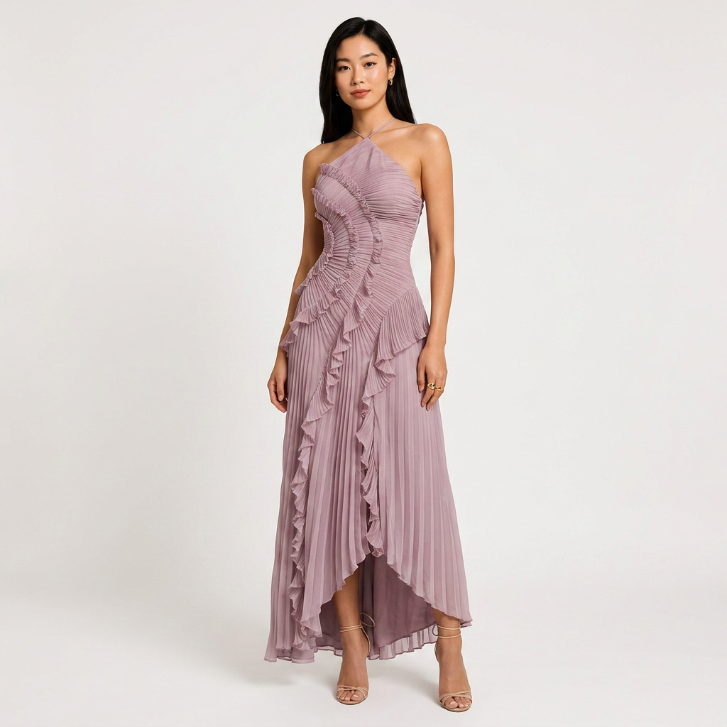 Pleated Ruffle Chiffon Maxi Dress for Weddings and Elegant Celebrations Women-Vyana Collective