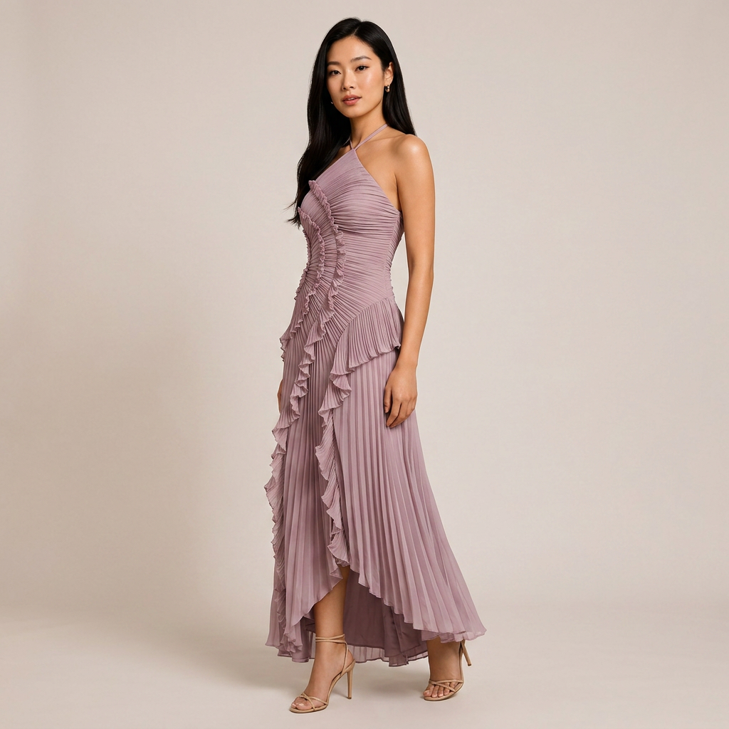 Pleated Ruffle Chiffon Maxi Dress for Weddings and Elegant Celebrations Women-Vyana Collective