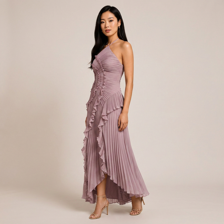 Pleated Ruffle Chiffon Maxi Dress for Weddings and Elegant Celebrations Women-Vyana Collective