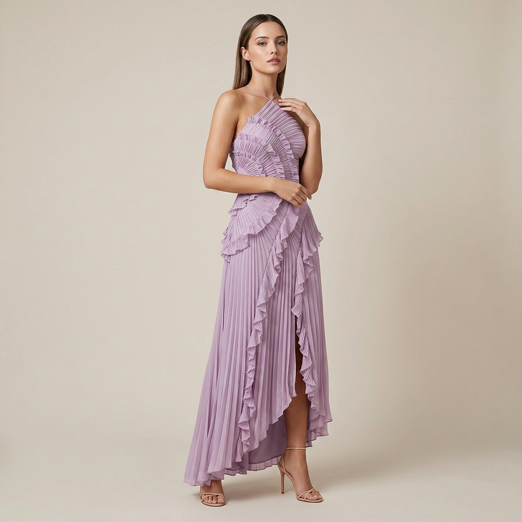 Pleated Ruffle Chiffon Maxi Dress for Weddings and Elegant Celebrations Women-Vyana Collective