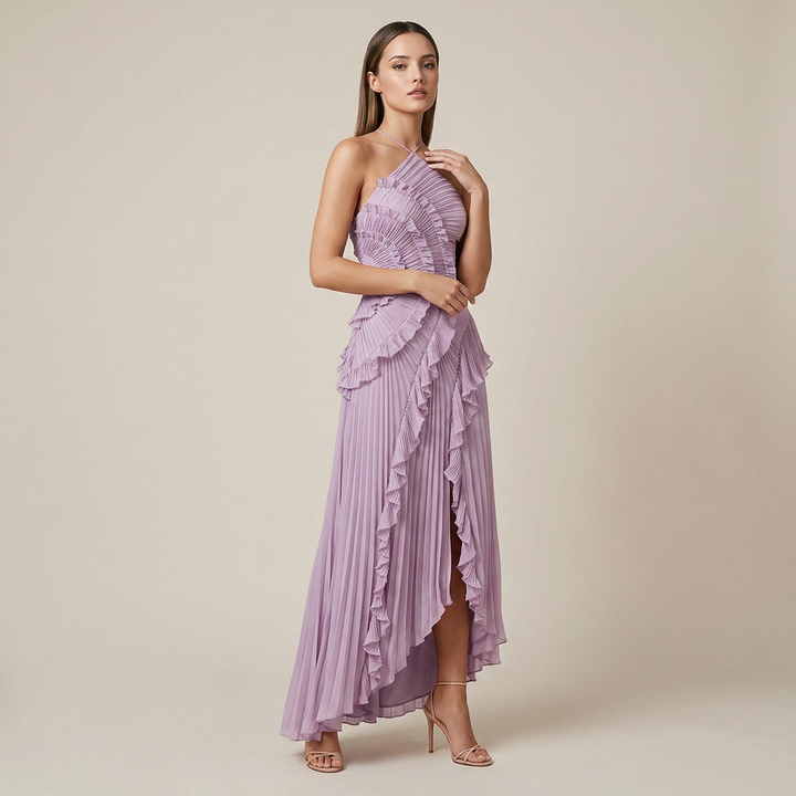 Pleated Ruffle Chiffon Maxi Dress for Weddings and Elegant Celebrations Women-Vyana Collective