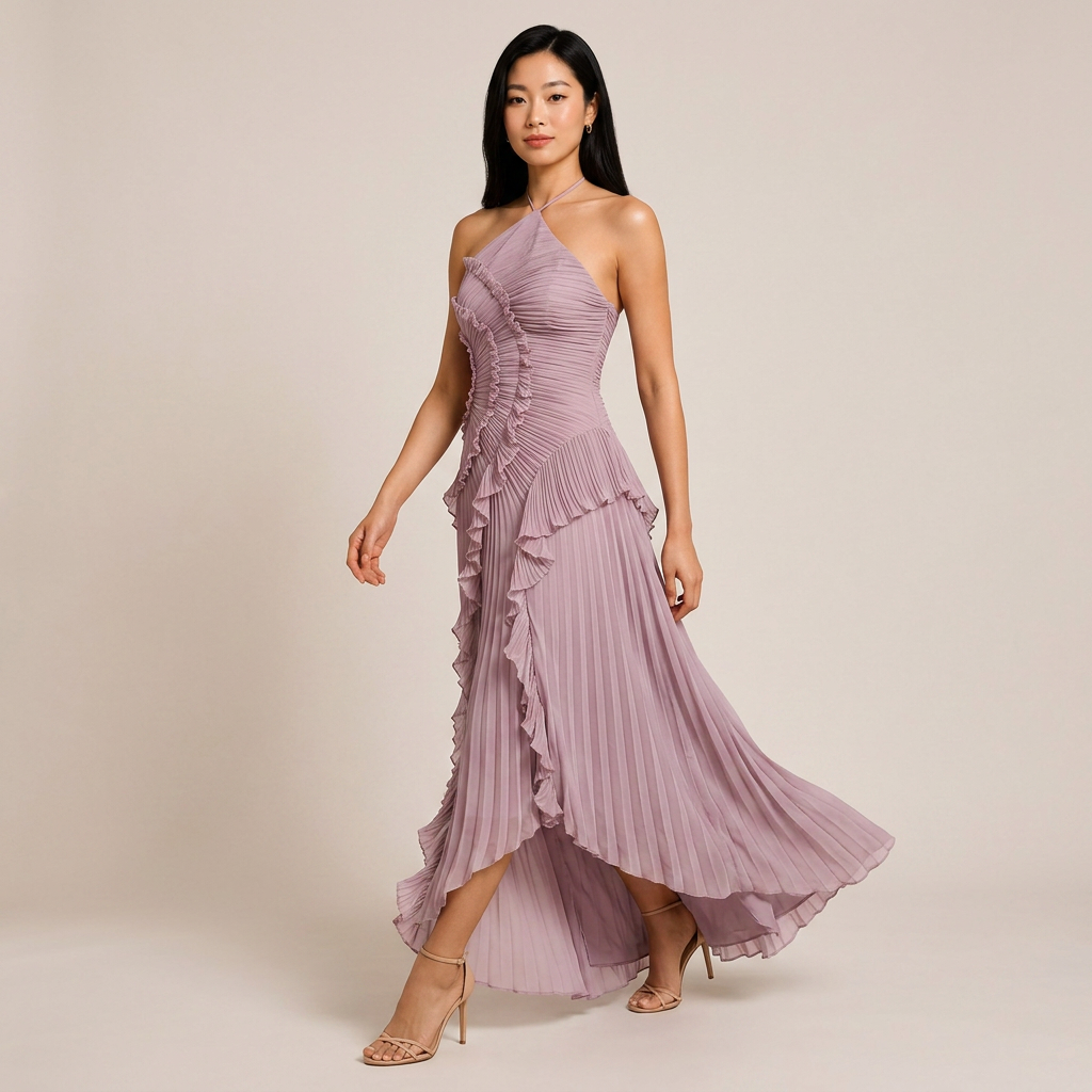 Pleated Ruffle Chiffon Maxi Dress for Weddings and Elegant Celebrations Women-Vyana Collective