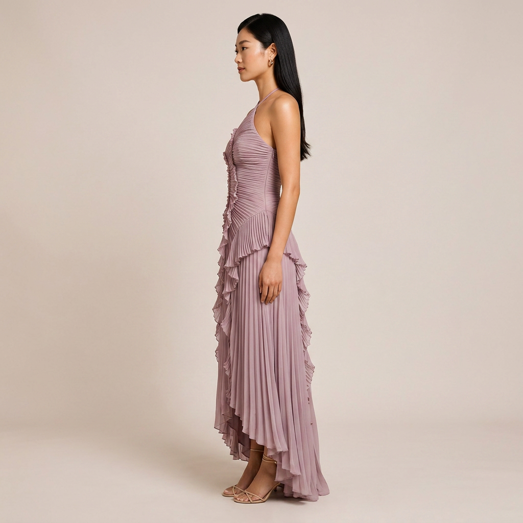Pleated Ruffle Chiffon Maxi Dress for Weddings and Elegant Celebrations Women-Vyana Collective