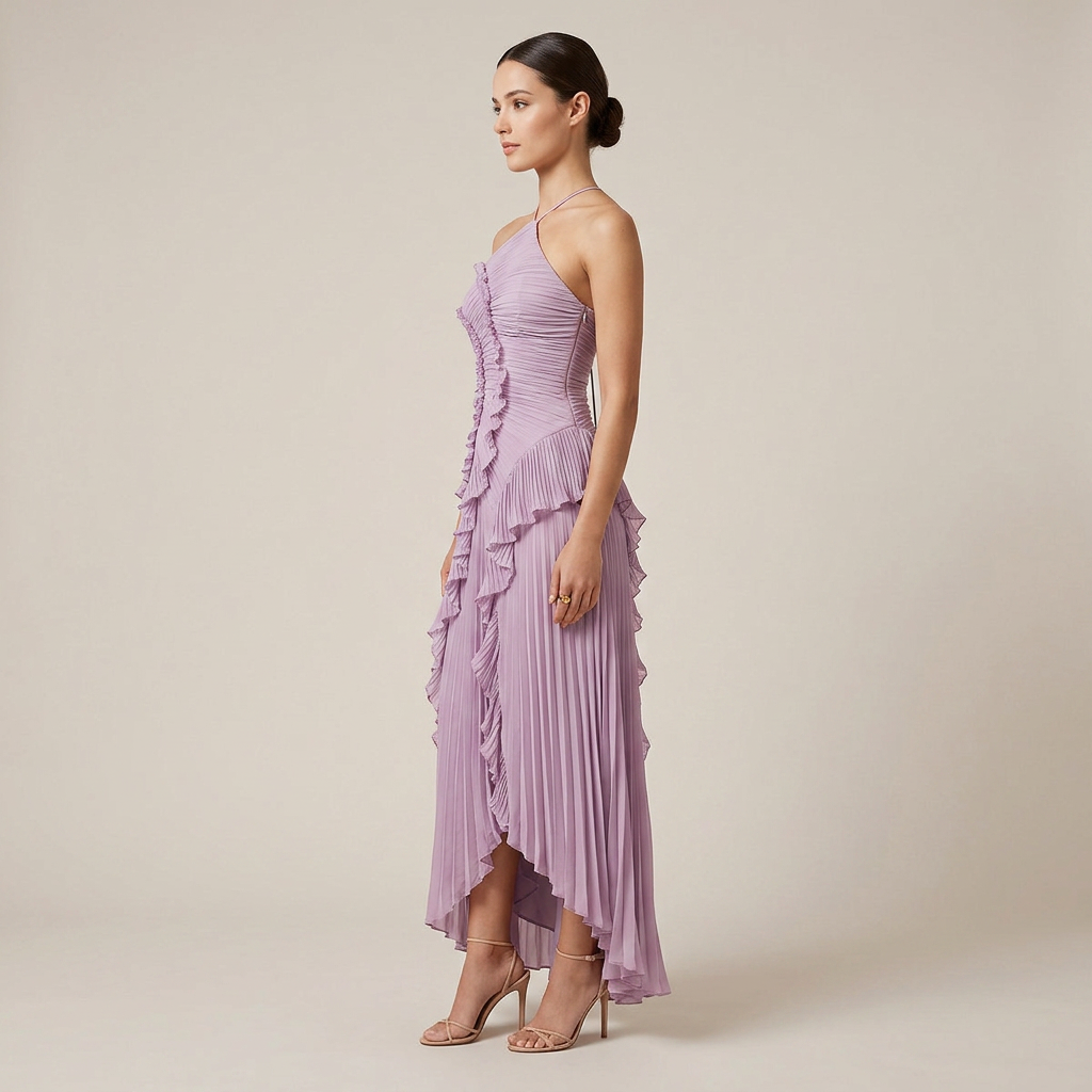 Pleated Ruffle Chiffon Maxi Dress for Weddings and Elegant Celebrations Women-Vyana Collective
