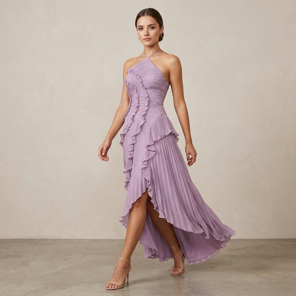Pleated Ruffle Chiffon Maxi Dress for Weddings and Elegant Celebrations Women-Vyana Collective