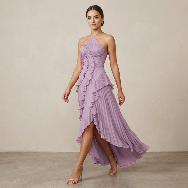 Pleated Ruffle Chiffon Maxi Dress for Weddings and Elegant Celebrations Women-Vyana Collective