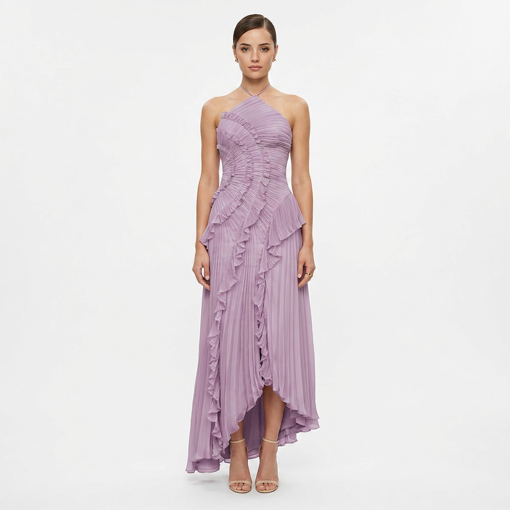 Pleated Ruffle Chiffon Maxi Dress for Weddings and Elegant Celebrations Women-Vyana Collective