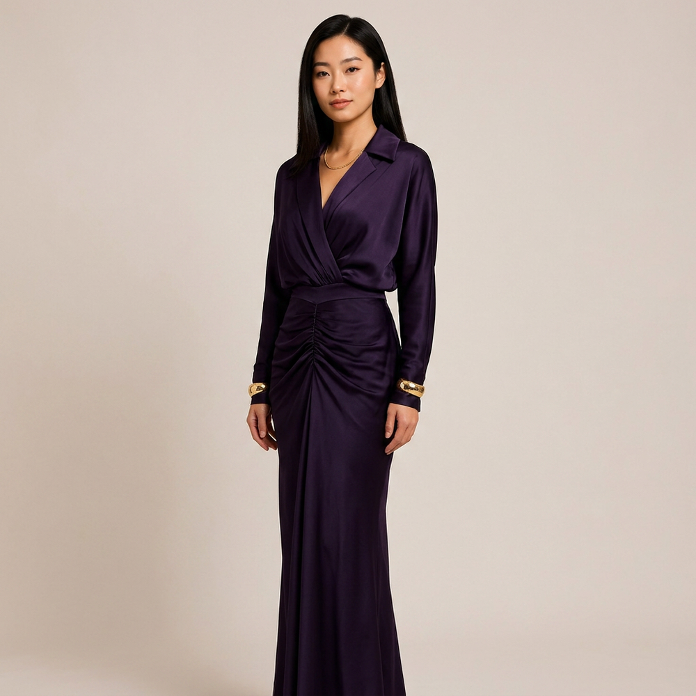 Plum Satin Ruched Maxi Dress for Elegant Evenings and Special Occasions for Women-Vyana Collective