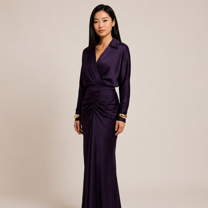 Plum Satin Ruched Maxi Dress for Elegant Evenings and Special Occasions for Women-Vyana Collective