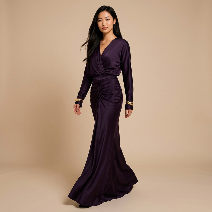 Plum Satin Ruched Maxi Dress for Elegant Evenings and Special Occasions for Women-Vyana Collective