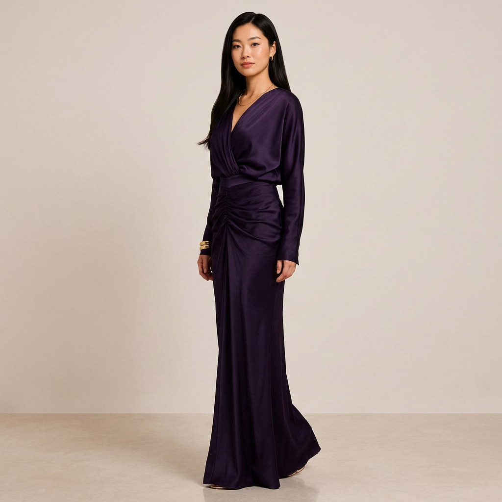 Plum Satin Ruched Maxi Dress for Elegant Evenings and Special Occasions for Women-Vyana Collective