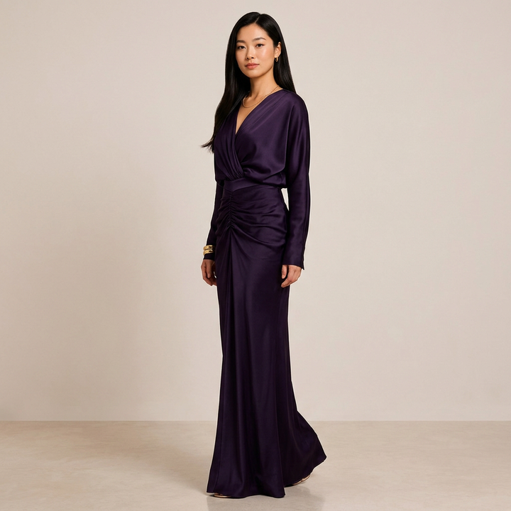 Plum Satin Ruched Maxi Dress for Elegant Evenings and Special Occasions for Women-Vyana Collective