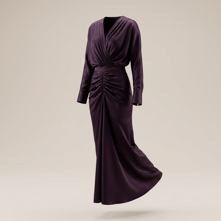 Plum Satin Ruched Maxi Dress for Elegant Evenings and Special Occasions for Women-Vyana Collective