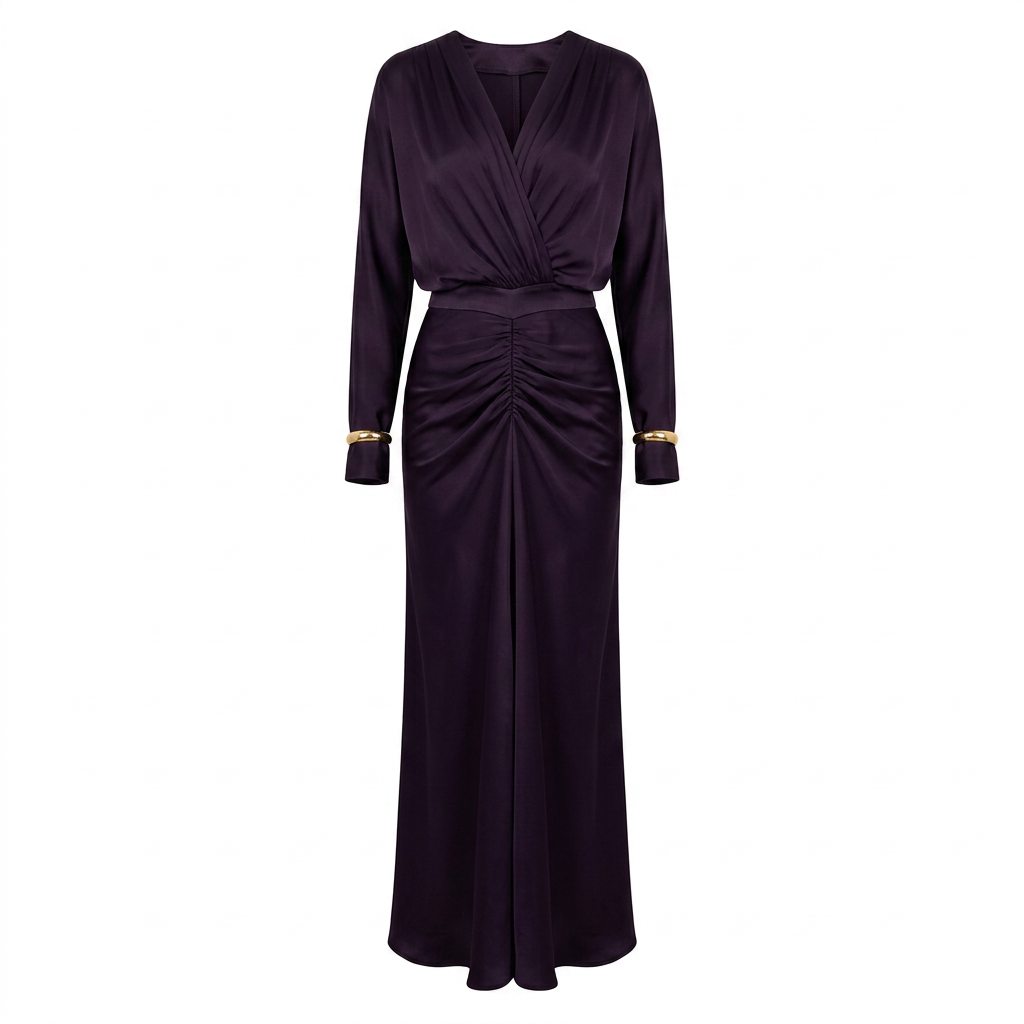 Plum Satin Ruched Maxi Dress for Elegant Evenings and Special Occasions for Women-Vyana Collective