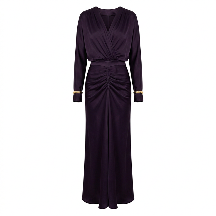 Plum Satin Ruched Maxi Dress for Elegant Evenings and Special Occasions for Women-Vyana Collective