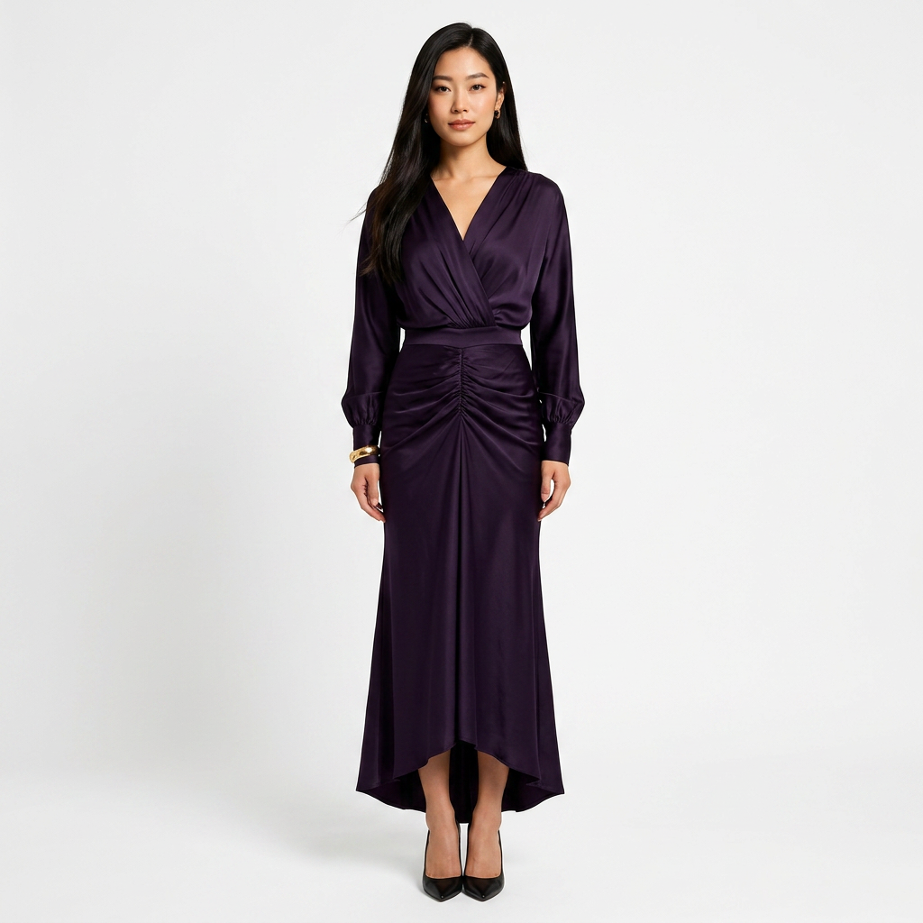 Plum Satin Ruched Maxi Dress for Elegant Evenings and Special Occasions for Women-Vyana Collective