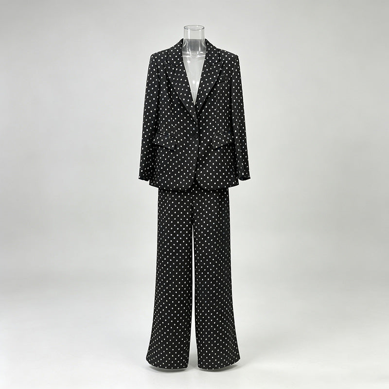 Polka Dot Single Button Blazer &amp; High Waist Wide Leg Pants Suit Set-Vyana Collective