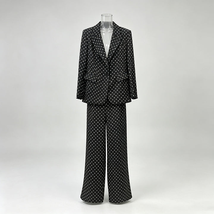 Polka Dot Single Button Blazer &amp; High Waist Wide Leg Pants Suit Set-Vyana Collective