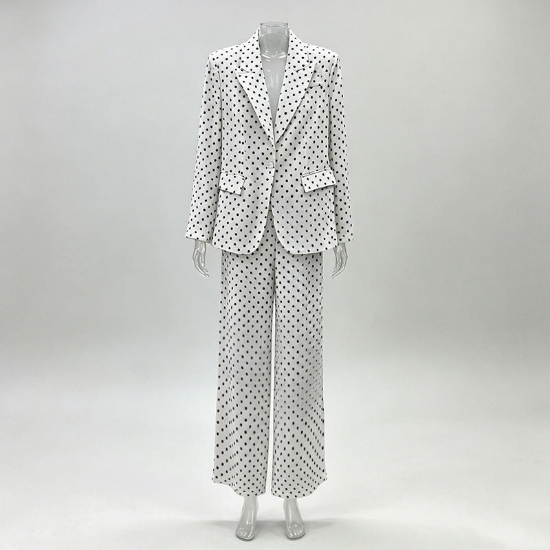 Polka Dot Single Button Blazer &amp; High Waist Wide Leg Pants Suit Set-Vyana Collective
