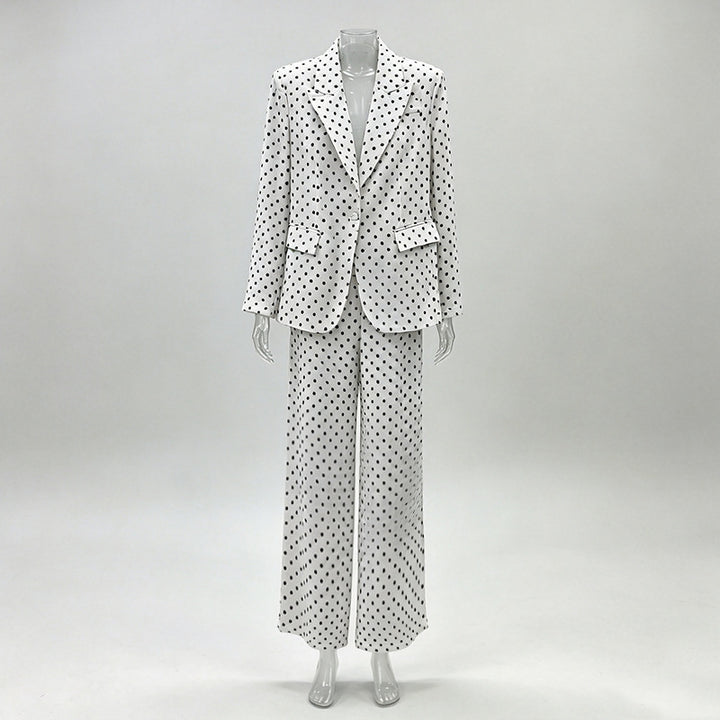 Polka Dot Single Button Blazer &amp; High Waist Wide Leg Pants Suit Set-Vyana Collective