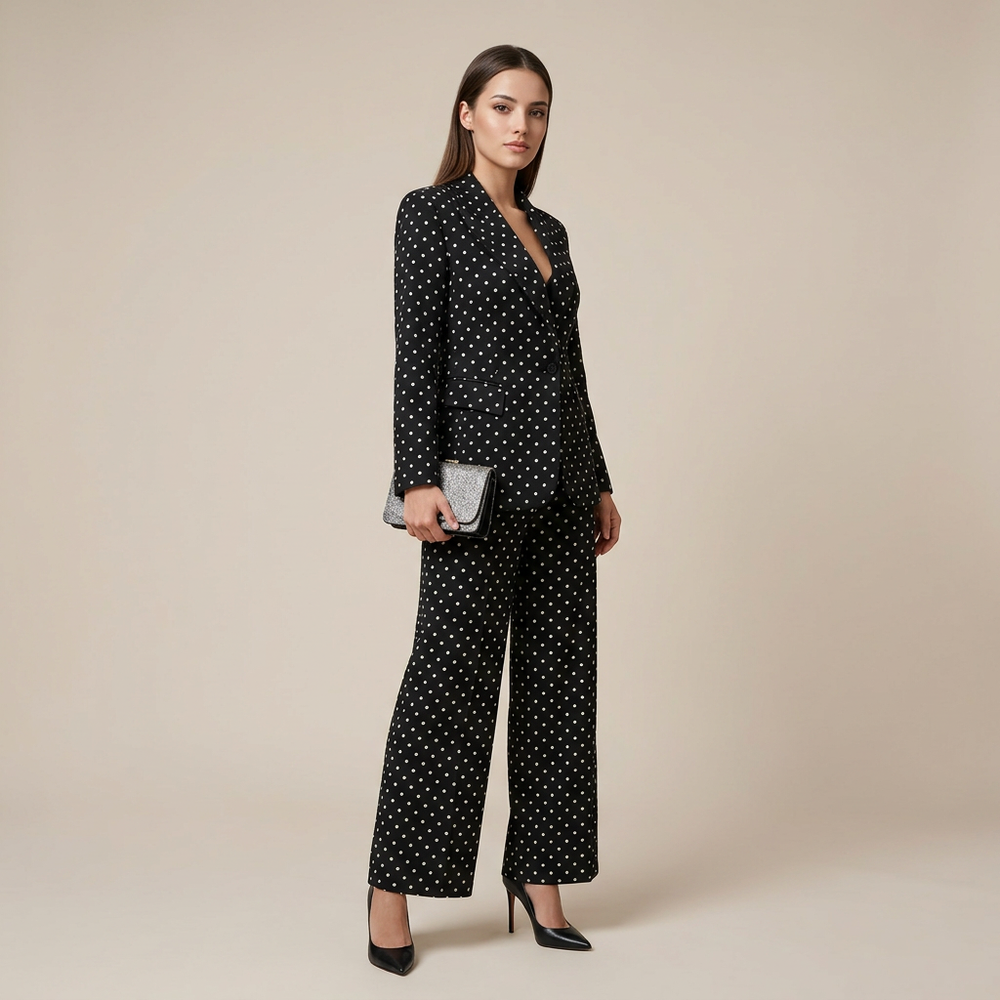 Polka Dot Single Button Blazer & High Waist Wide Leg Pants Suit Set-Vyana Collective