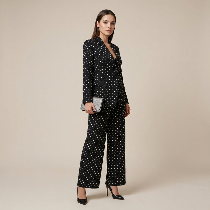 Polka Dot Single Button Blazer &amp; High Waist Wide Leg Pants Suit Set-Vyana Collective