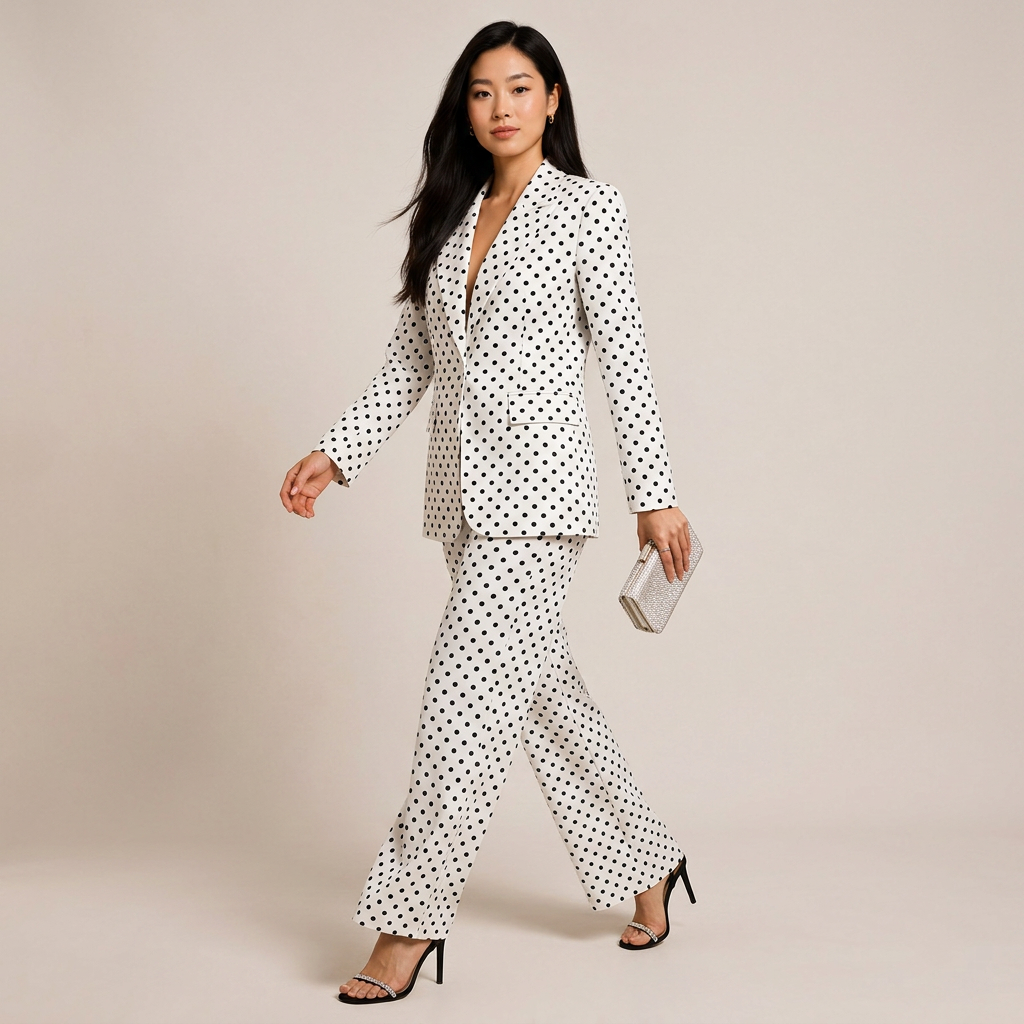 Polka Dot Single Button Blazer &amp; High Waist Wide Leg Pants Suit Set-Vyana Collective