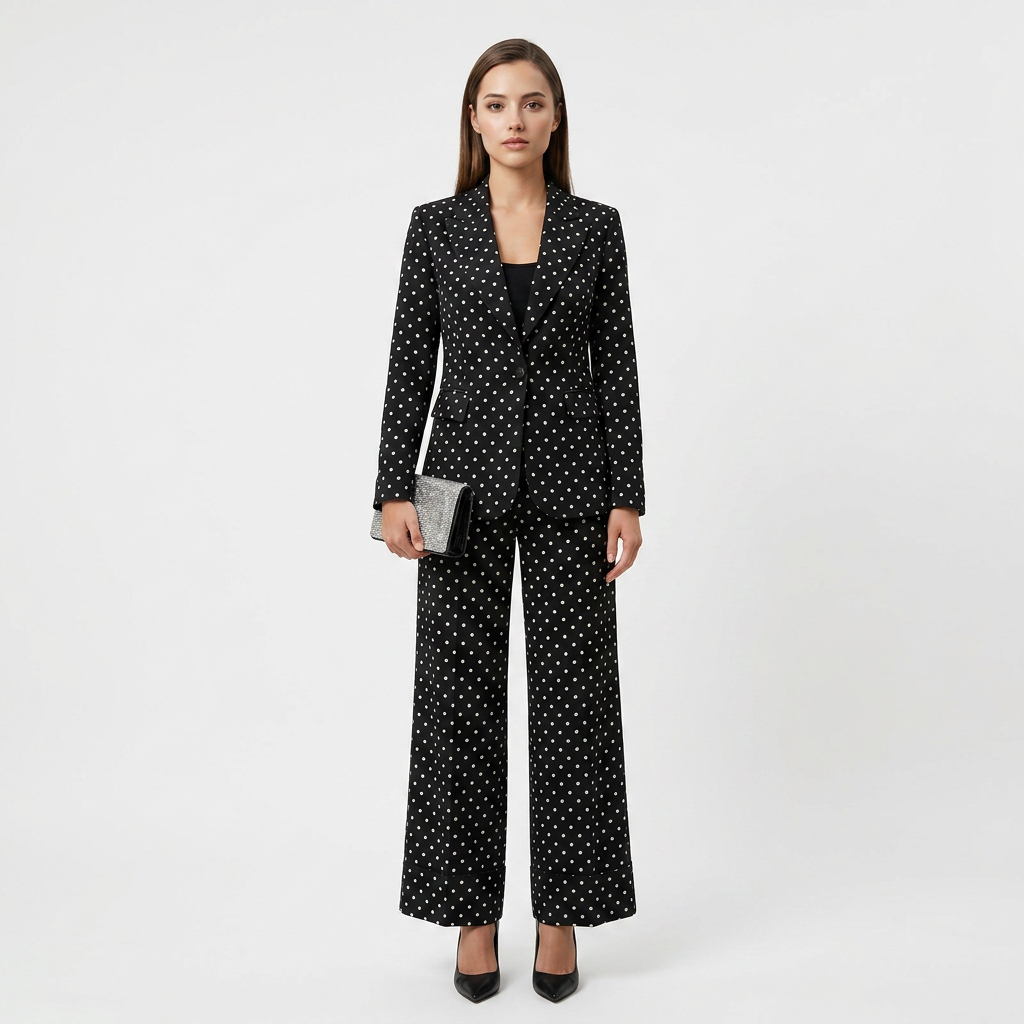 Polka Dot Single Button Blazer &amp; High Waist Wide Leg Pants Suit Set-Vyana Collective