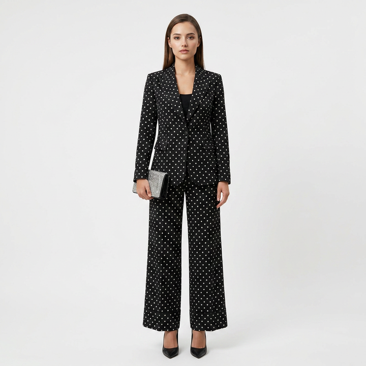 Polka Dot Single Button Blazer &amp; High Waist Wide Leg Pants Suit Set-Vyana Collective