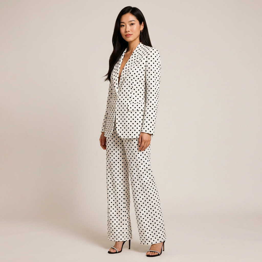 Polka Dot Single Button Blazer &amp; High Waist Wide Leg Pants Suit Set-Vyana Collective