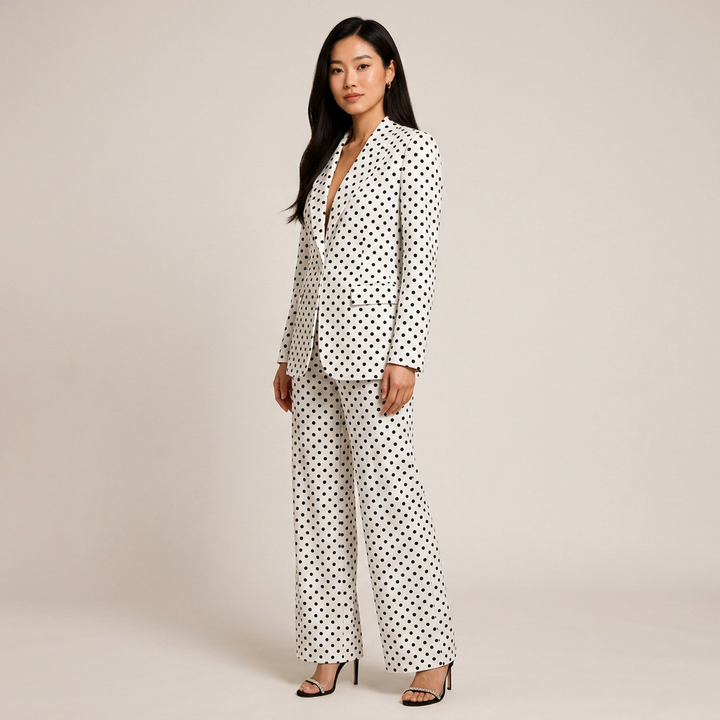 Polka Dot Single Button Blazer &amp; High Waist Wide Leg Pants Suit Set-Vyana Collective