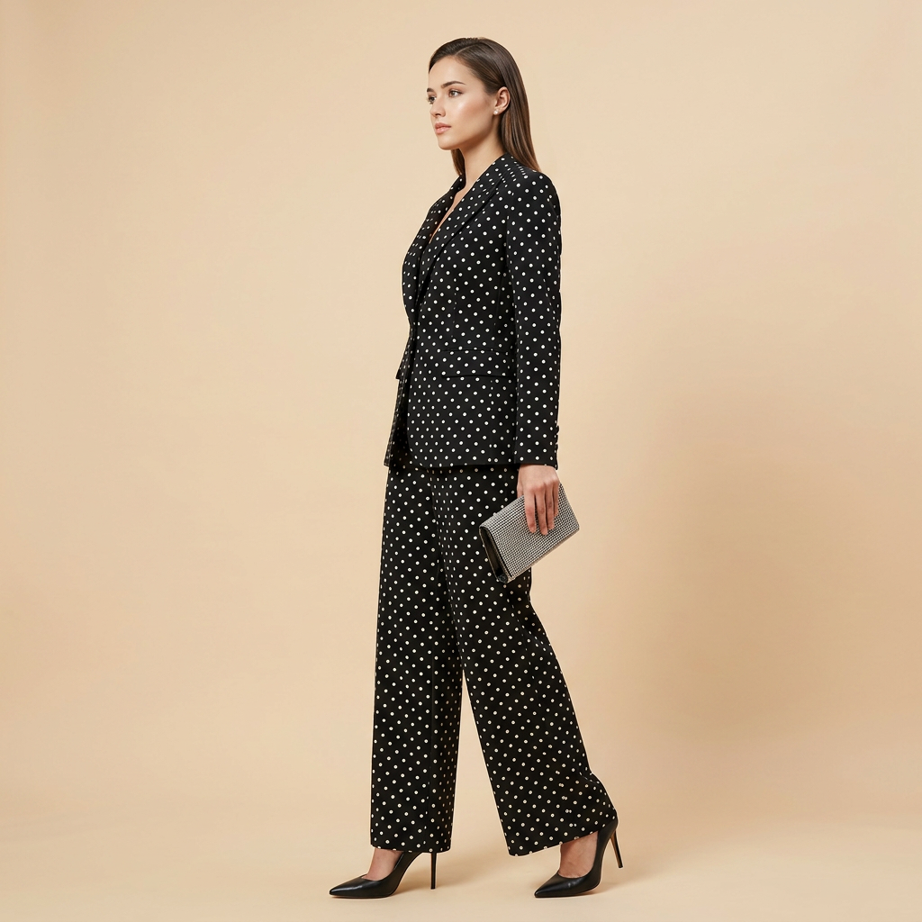 Polka Dot Single Button Blazer &amp; High Waist Wide Leg Pants Suit Set-Vyana Collective