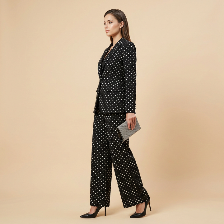 Polka Dot Single Button Blazer &amp; High Waist Wide Leg Pants Suit Set-Vyana Collective