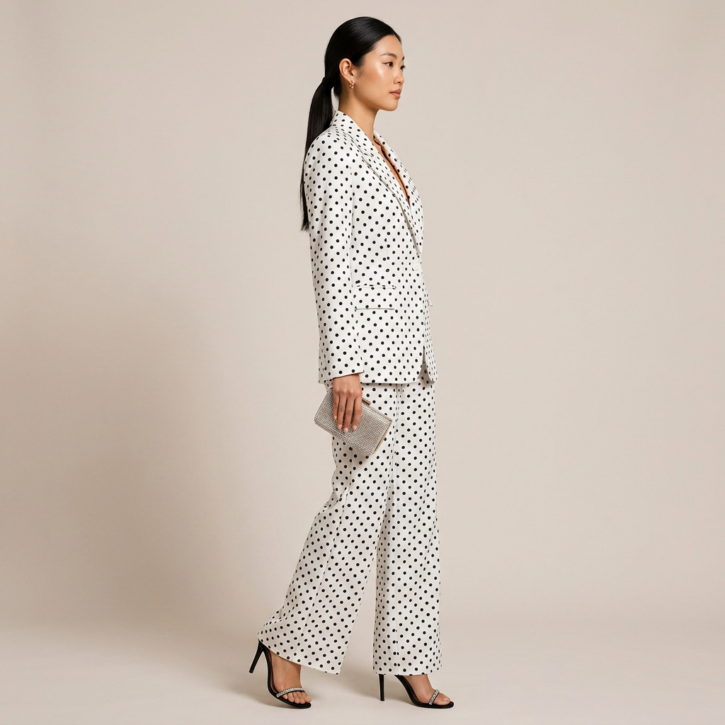 Polka Dot Single Button Blazer &amp; High Waist Wide Leg Pants Suit Set-Vyana Collective