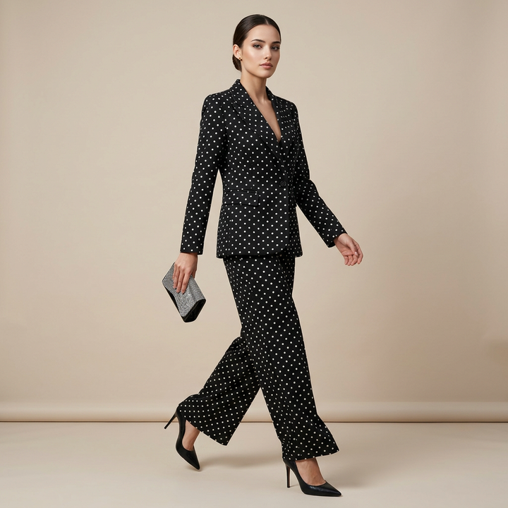Polka Dot Single Button Blazer &amp; High Waist Wide Leg Pants Suit Set-Vyana Collective