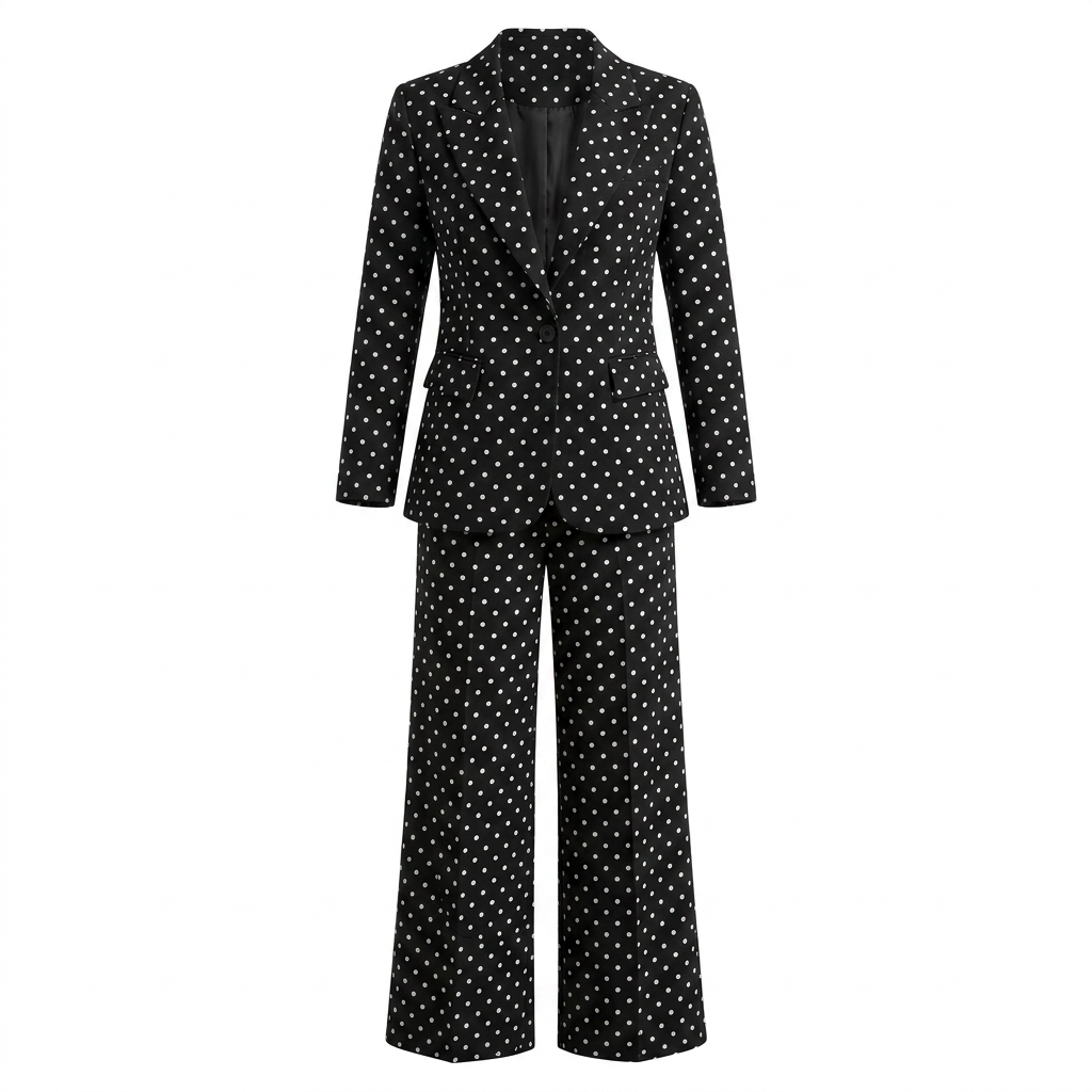 Polka Dot Single Button Blazer &amp; High Waist Wide Leg Pants Suit Set-Vyana Collective
