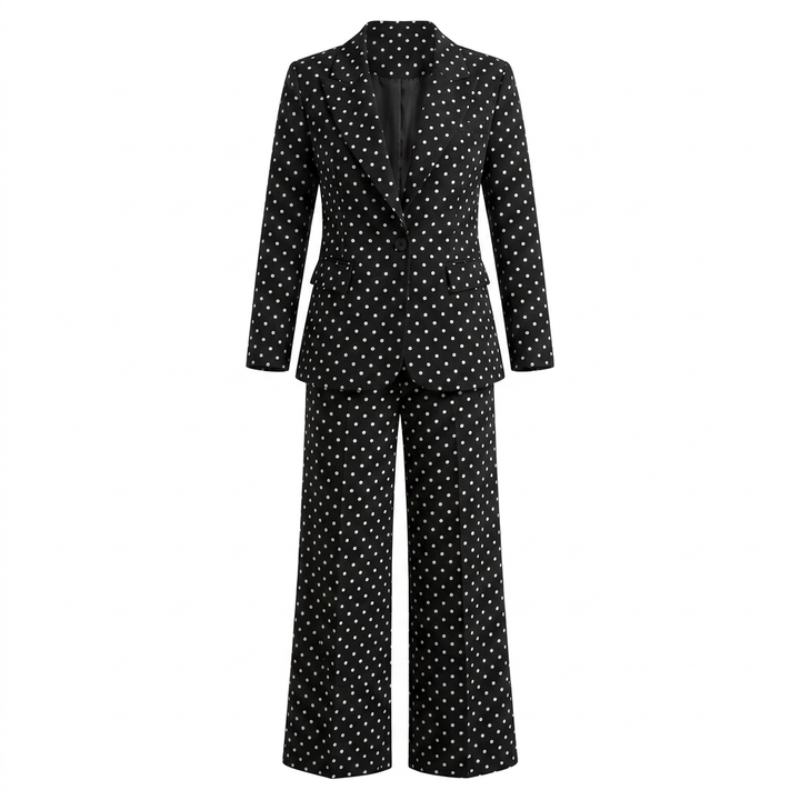 Polka Dot Single Button Blazer &amp; High Waist Wide Leg Pants Suit Set-Vyana Collective