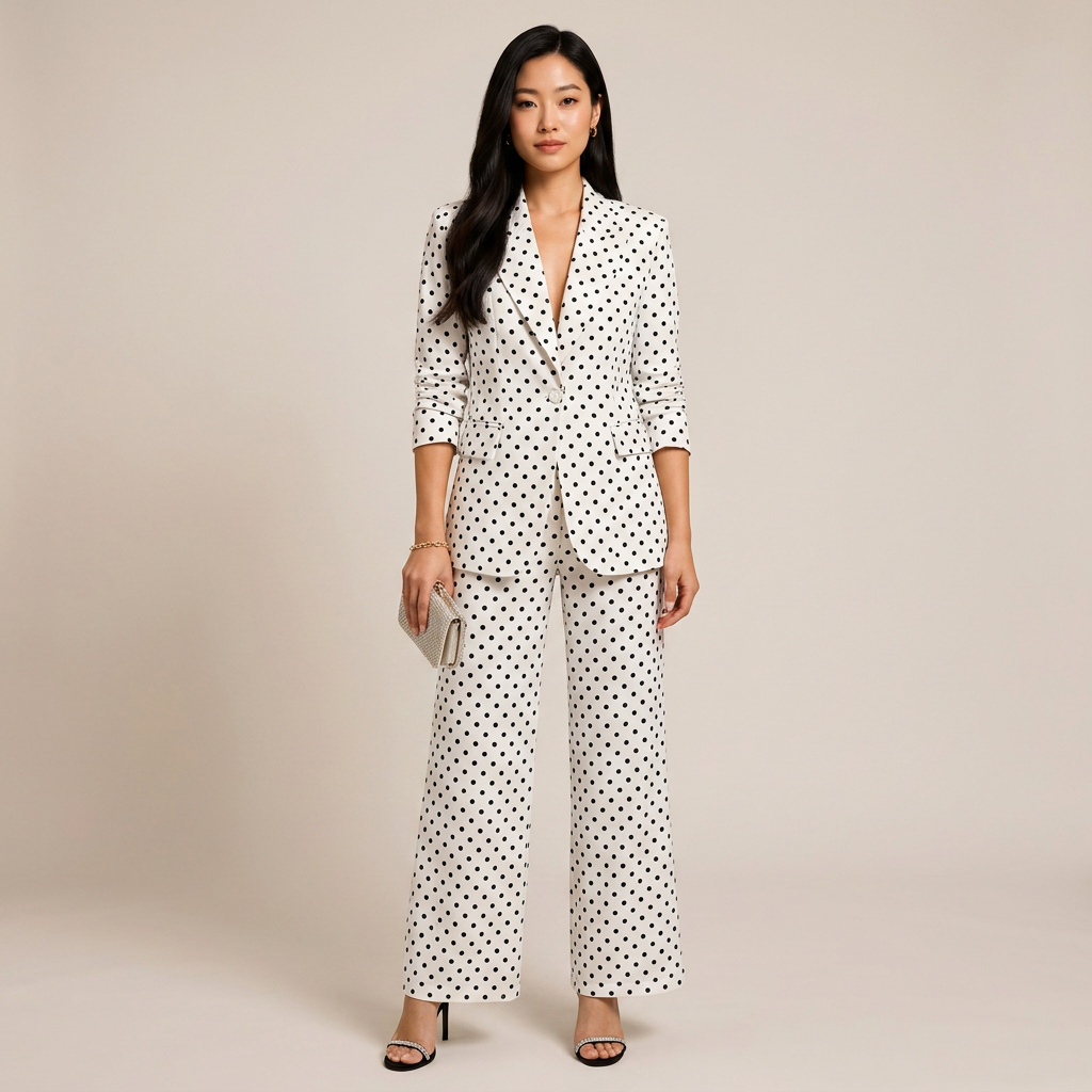 Polka Dot Single Button Blazer & High Waist Wide Leg Pants Suit Set-Vyana Collective