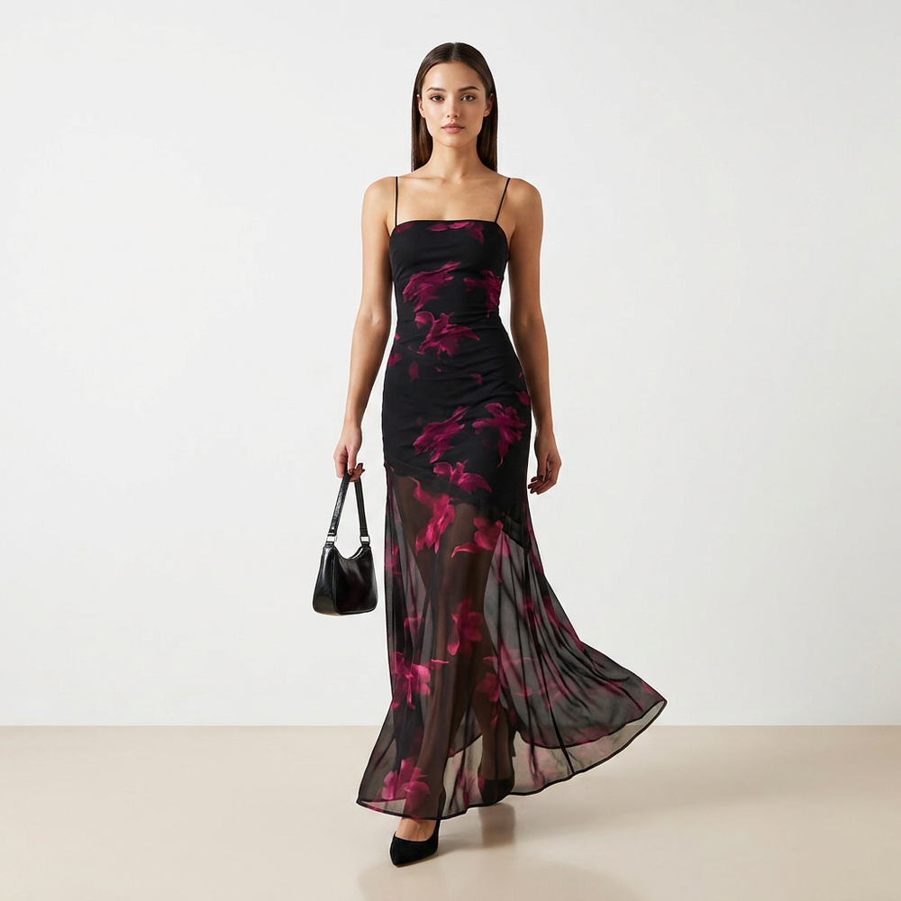Printed Mesh Slip Maxi Dress-Vyana Collective