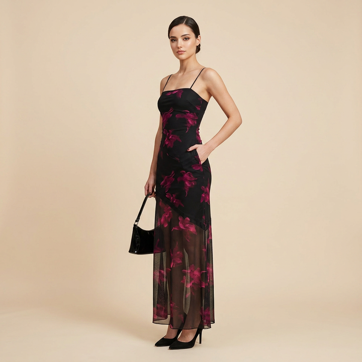 Printed Mesh Slip Maxi Dress-Vyana Collective