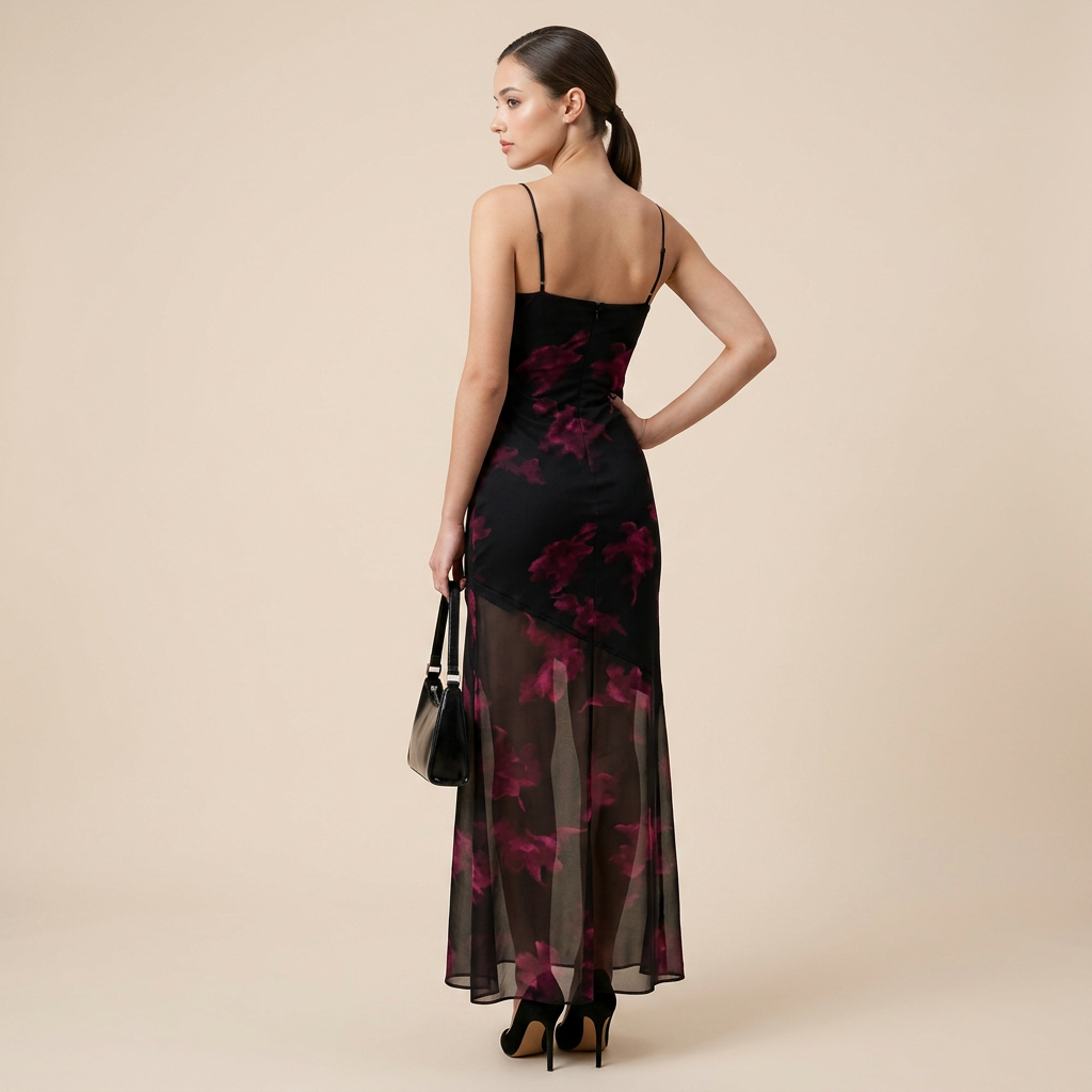 Printed Mesh Slip Maxi Dress-Vyana Collective