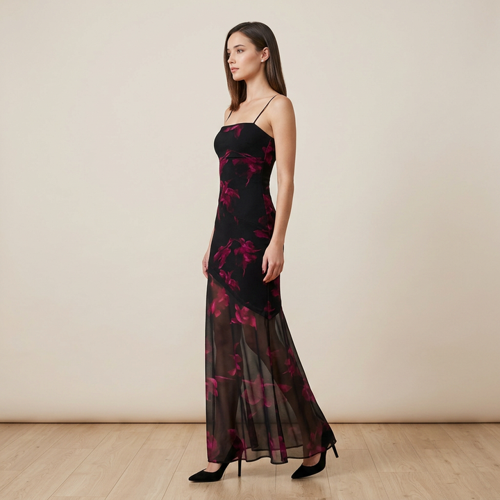Printed Mesh Slip Maxi Dress-Vyana Collective