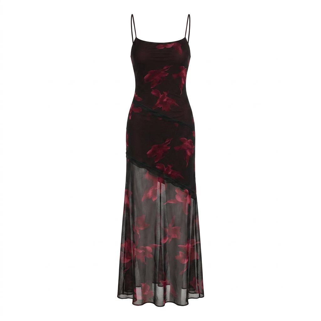 Printed Mesh Slip Maxi Dress-Vyana Collective