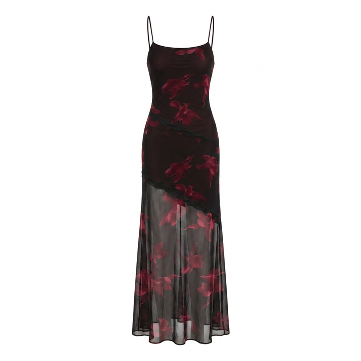 Printed Mesh Slip Maxi Dress-Vyana Collective